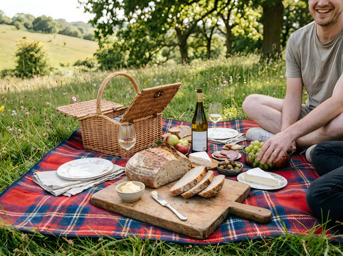Happy couple enjoying a romantic picnic with wine, bread, cheese, and fruit in a sunny meadow