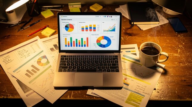 Laptop displaying business analytics charts on a cluttered desk