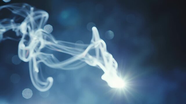 Ethereal wisps of glowing smoke gracefully intertwine, creating an abstract dance of light and shadow against a deep, celestial backdrop.