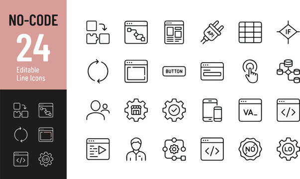 No-code development and low-code platform line icon set. Workflow automation, API integration, database schema, app builder, UI design minimal vector illustration. Simple outline signs. Editable Strok