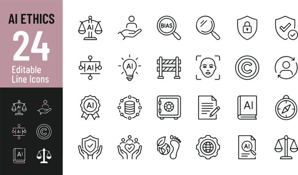 AI ethics and governance line icon set. Artificial intelligence bias, privacy, transparency, copyright, security, human centric design, digital regulation signs. Minimal vector outline. Stroke.
