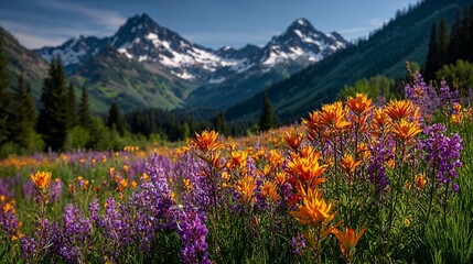 Obraz premium Beautiful alpine mountain meadow filled with blooming orange and purple wildflowers under blue sky