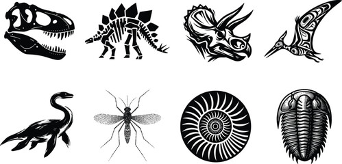 Black and white prehistoric fossil and dinosaur silhouette vector icon set isolated on white background © MdMenhajul