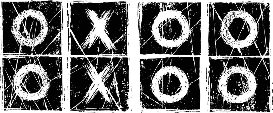 Grungy tic tac toe game with x and o marks on a scratched black background in two rounds