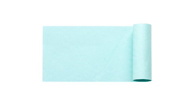 Unrolling sheet of light blue paper on white background with office supply roll of paper scroll unrolling document stationery material background abstract creative business packaging