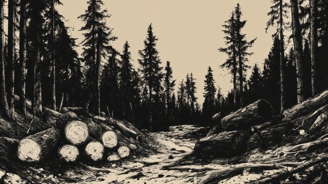 A stark scene of deforestation with felled trees in a forest landscape, highlighting environmental impact and logging operations.