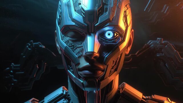 A cybernetic humanoid face with luminous circuitry in a digital style on a dark background, concept of advanced technology