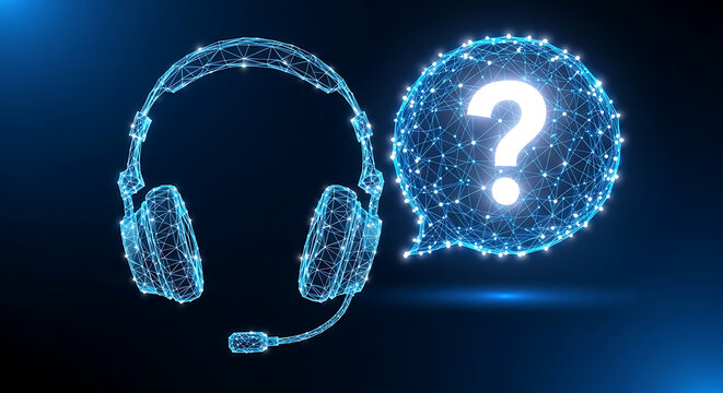 Digital headset and question mark speech bubble concept with headphones question customer communication technology abstract connection assistance futuristic information