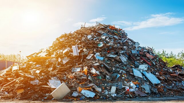 A massive pile of scrap metal and construction debris sits in a sun-drenched vacant lot, showcasing industrial waste.