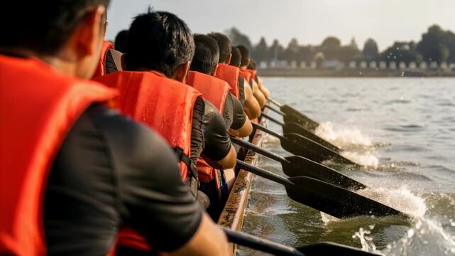 Team Rowing in Unison: A team of rowers, clad in vibrant orange life vests, propels their boat forward with synchronized strokes, creating white splashes on the calm water under a clear sky.