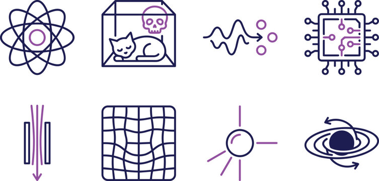 Quantum Mechanics and Theoretical Physics Line Icon Set with Atom Experiment Cat Paradox Spacetime and Microchip Symbols Vector Design