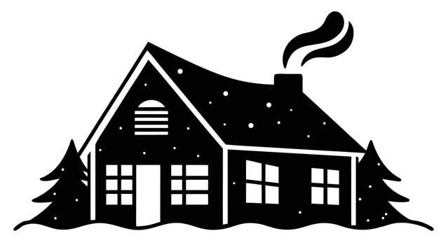 Cozy winter cabin silhouette with pine trees and smoke rising from chimney.