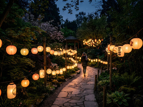 A person walking along a stone path illuminated by glowing paper lanterns in a serene japanese garden