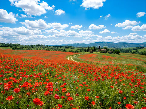 Stunning landscape of a vibrant poppy field in tuscany, italy with a rustic farmhouse and rolling hills