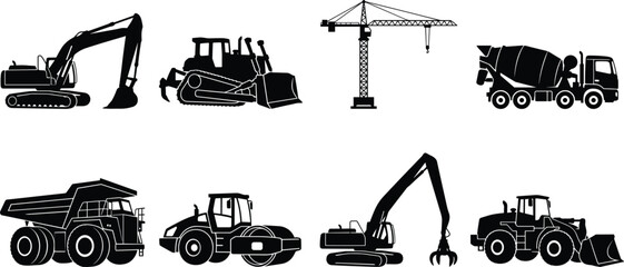 Heavy machinery and industrial construction vehicles black silhouette vector icons set isolated on white background © MdMenhajul