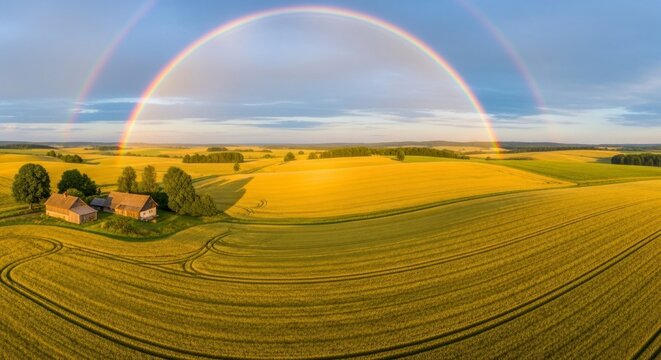 Spectacular Double Rainbow Arches Over a Secluded Farm in Golden Rolling Hills