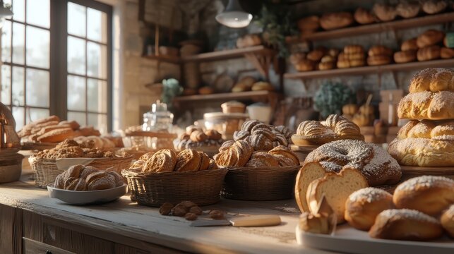 Charming rustic bakery interior filled with a delightful assortment of freshly baked breads and pastries, bathed in warm, soft lighting.