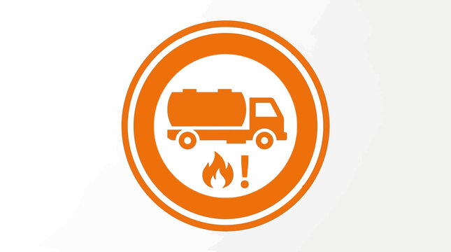 Flammable liquid transport hazard warning sign, tanker truck on fire symbol