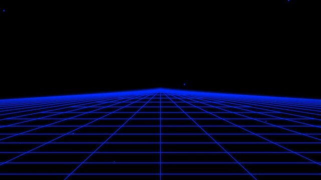 Blue neon wireframe grid floor moving forward in dark digital space.
