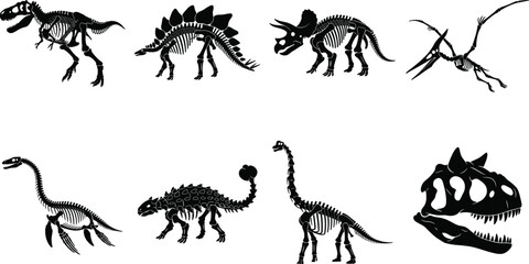 Prehistoric Dinosaur Skeleton Silhouette Icons Featuring Tyrannosaurus, Stegosaurus, Triceratops, Pteranodon, and Fossil Skull © MdMenhajul