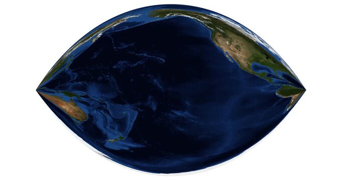 Craig retroazimuthal projection animation. Longitude shift rotation of Earth's physical map. Detailed global view. June View. Elements of this video furnished by NASA.