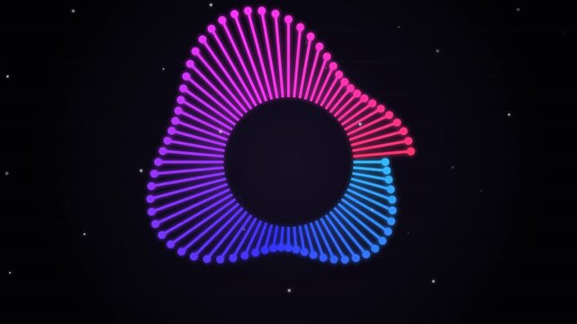 Neon circular audio visualizer pulsing on dark background with particles