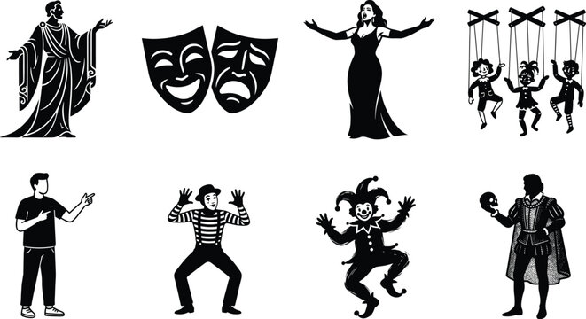 Theater and Performing Arts Silhouette Set Featuring Comedy Tragedy Masks Opera Singers Puppets Mimes and Jester Icons