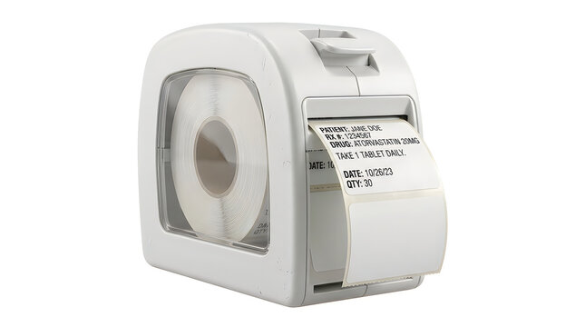 White label maker printer with paper roll isolated on white background