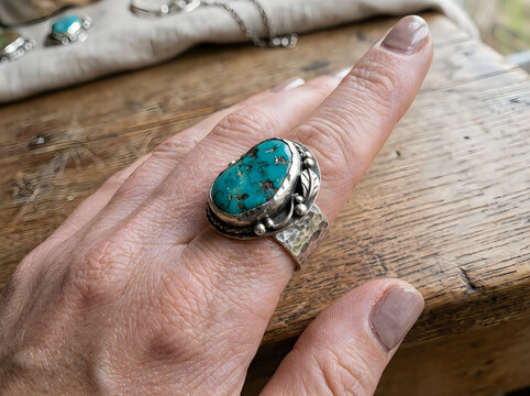Hand wearing a handcrafted sterling silver ring with a natural turquoise gemstone