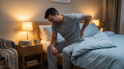 Fototapeta premium Man sitting on bed holding his back in pain.