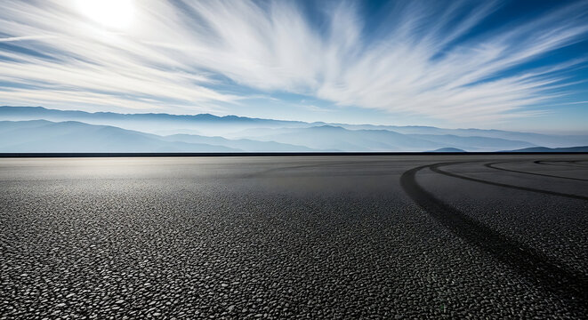Empty asphalt road leading into the horizon under a dramatic blue sky with wispy clouds landscape pavement background perspective transportation