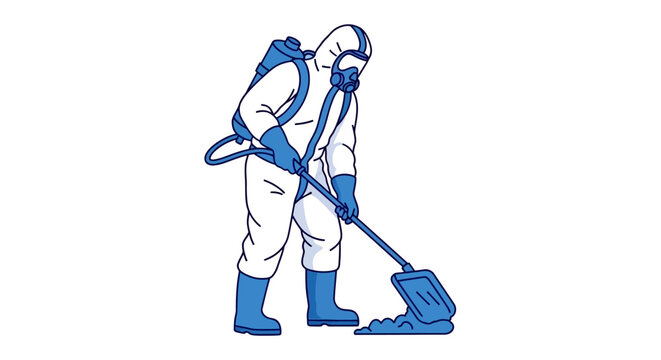 Vector illustration of a worker wearing a protective hazmat suit and mask, disinfecting and cleaning the floor with a mop and backpack sprayer