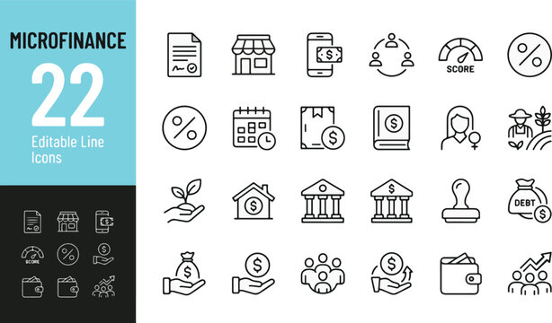 Microfinance line icon set. Small business loan, banking, interest rate, credit score, peer-to-peer, mortgage, growth, debt, wallet minimal vector signs. Editable Stroke outline symbols for finance.