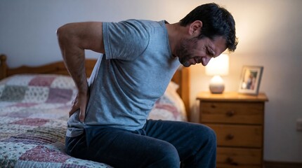 Fototapeta premium Frustrated man clutching his lower back feeling severe pain in dark room night.
