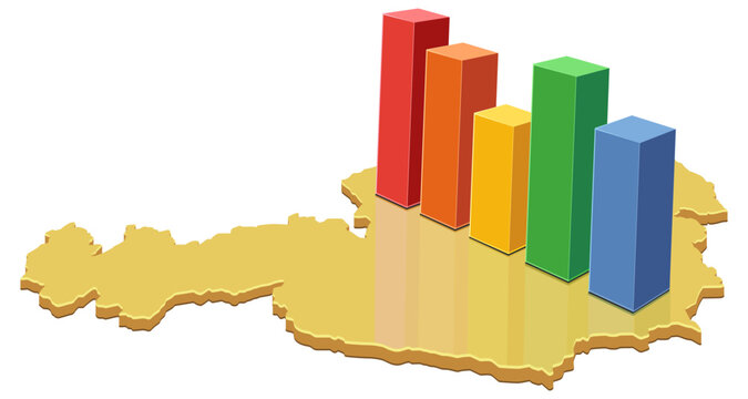 Vector artwork symbolizing market analysis, economic statistics, demographic data, or financial growth trends on the 3D map of Austria with a colorful bar graph, (cut out)