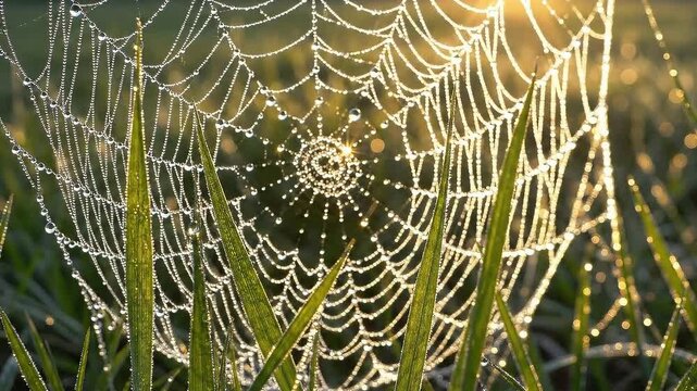 Dew covered spider web glowing in golden morning sunlight with intricate silk patterns stretched across meadow grass, delicate nature scene symbolizing patience, craftsmanship, connection, resilience