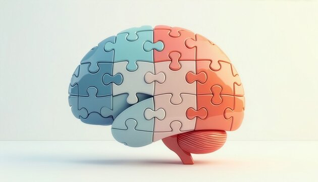 3D illustration of a human brain shaped like a colorful puzzle on a clean background, symbolizing mental health, logic, psychology, artificial intelligence, and cognitive functions.