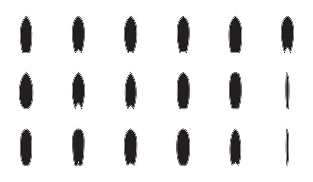 Surfboard flat vector icon set. surfing board glyph silhouette symbol. beach surf boards.