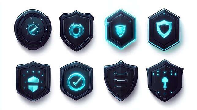 Collection of Futuristic Cybersecurity Shield Icons Showcasing Digital Security Measures