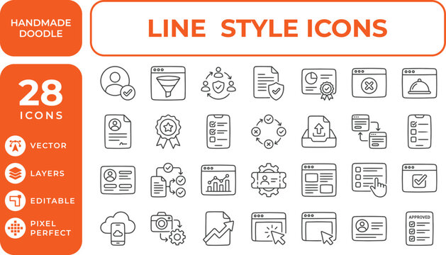 User Profile Verification and Document Management Line Icons Set for Business and Security