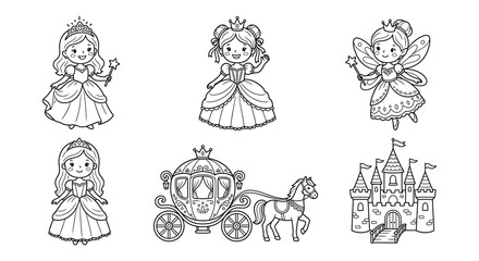 Fototapeta premium Princesses And Deer Vector Doodle Set On White Background