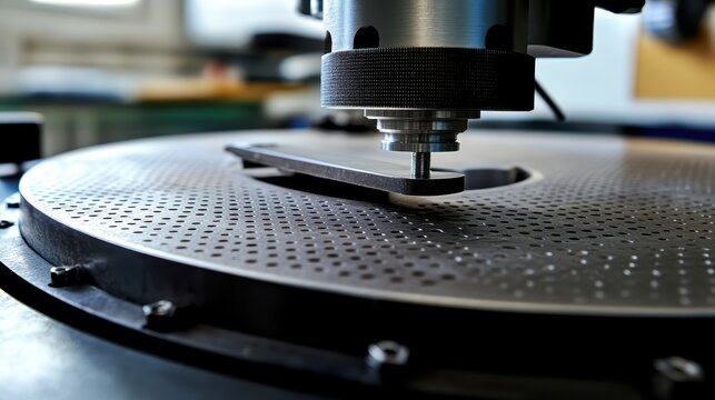 Close-up view of industrial machinery with precision components engaged in manufacturing operations