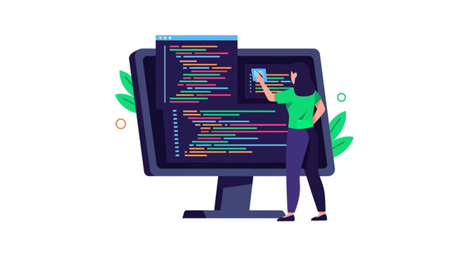 Software Developer Woman Coding on Large Monitor, Flat Vector Illustration of Female Engineer Working on Program Script and Web Development