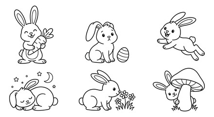Vector Illustration Of Rabbits In Various Poses Black And White © Begum