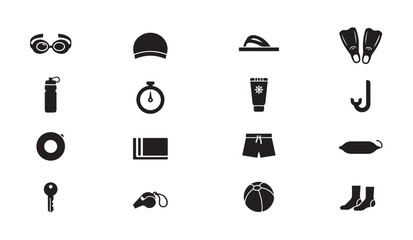 Swimming accessories black glyph icons set. goggles, cap, flip flops, flippers, snorkel. © RANA