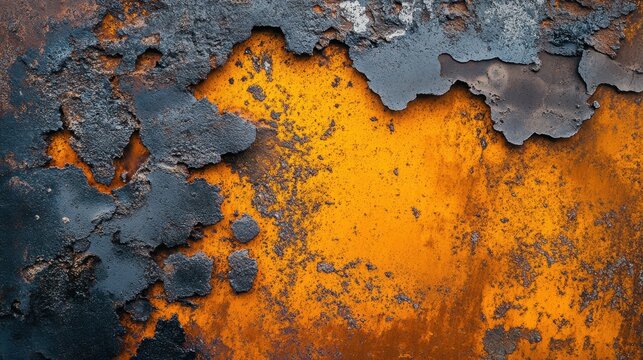 Close-up view of corroded metal surface with peeling paint revealing vibrant orange rust underneath