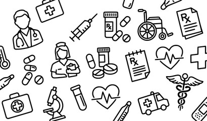 Fototapeta premium Creative healthcare outline vector icon set with minimalist doctor pill syringe symbols