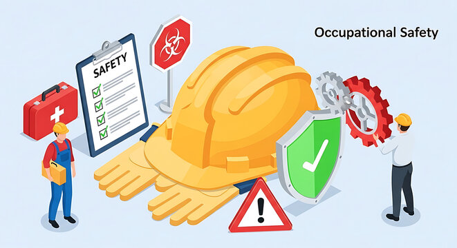 Occupational safety and health compliance concept illustration with workers occupational construction protective compliance industry isometric protection workplace checklist regulations