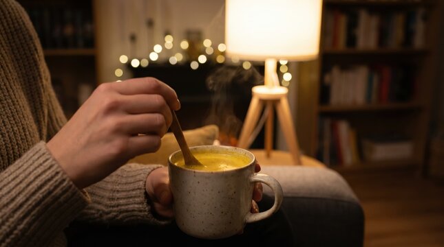 Person stirring golden turmeric latte in cozy living room
