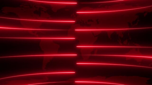 Abstract world map background with bright red horizontal laser light streaks moving across the global continent silhouettes representing high speed data connection transfer and modern digital network
